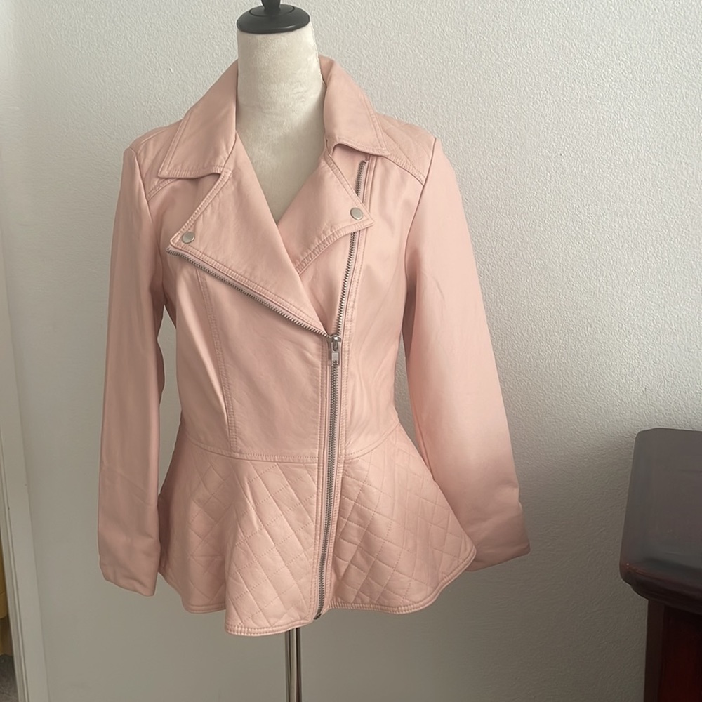 Soft pink faux leather peplum jacket